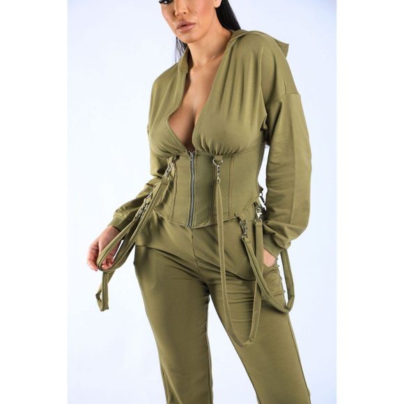 Women's Long Sleeve Zip-Up Strappy Terry Casual Hoodie Two-Piece Set Super Cute - Picture 2 of 12